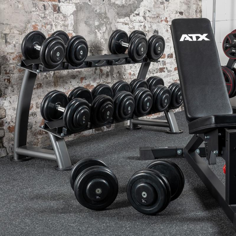 Estante mancuernas con patas curvadas y ovaladas color plata con